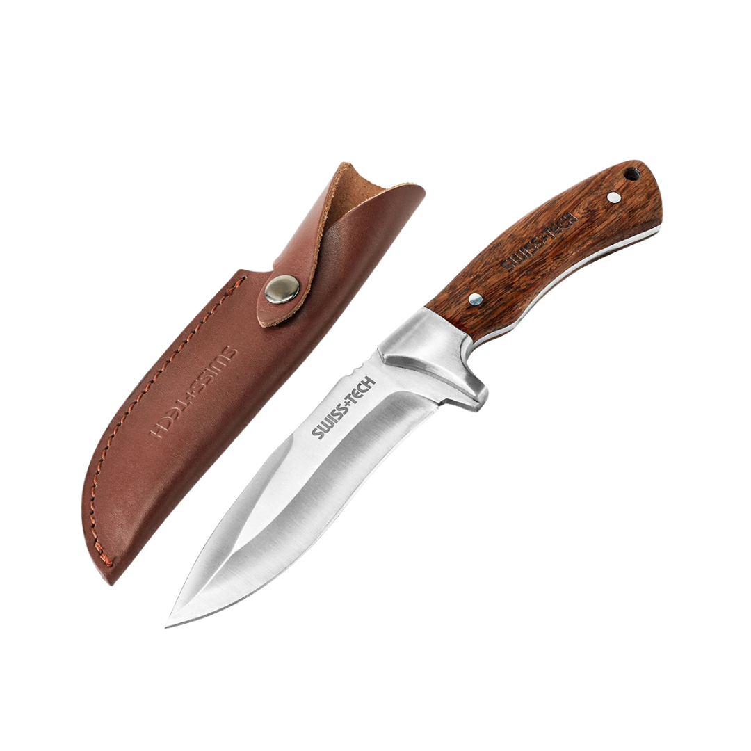 SWISS TECH Fixed Blade Knife with Leather Sheath Full-Tang SK1001
