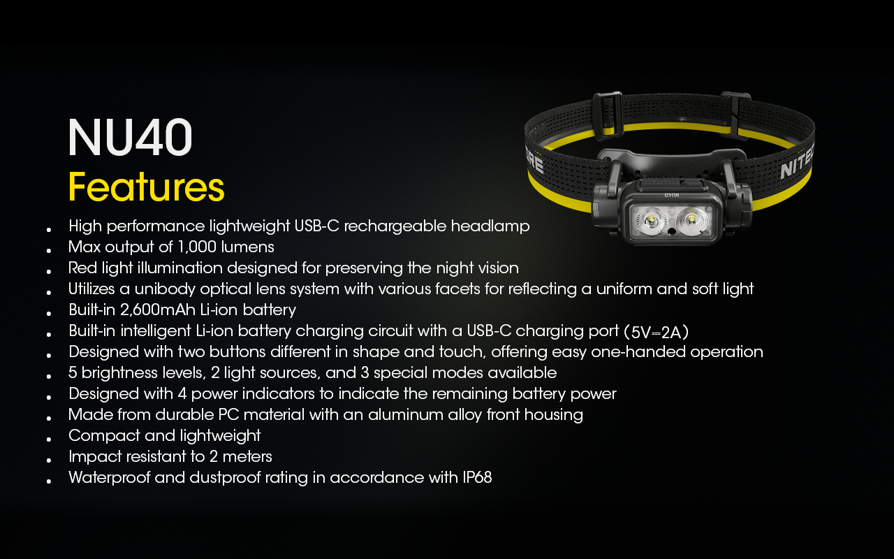 NITECORE NU40 Built-In 2600mAh Battery Headlamp 1000LM