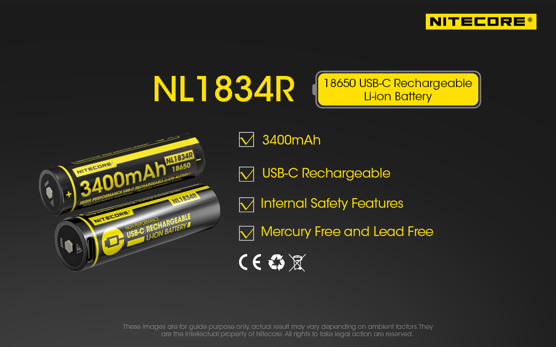 NITECORE NL1834R 18650 3400mAh USB-C Rechargeable Li-on Battery