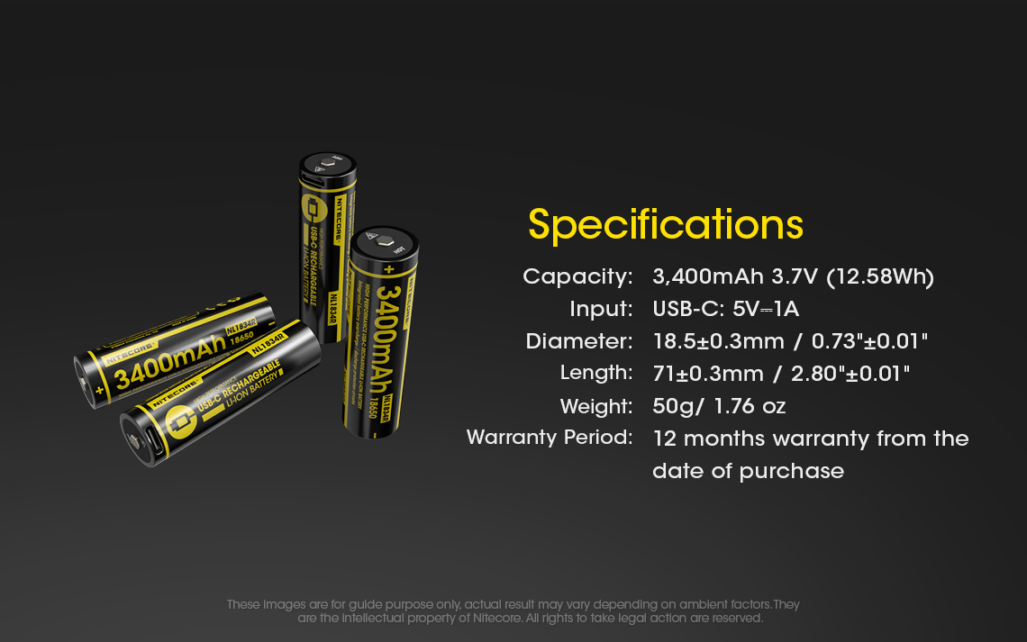 NITECORE NL1834R 18650 3400mAh USB-C Rechargeable Li-on Battery