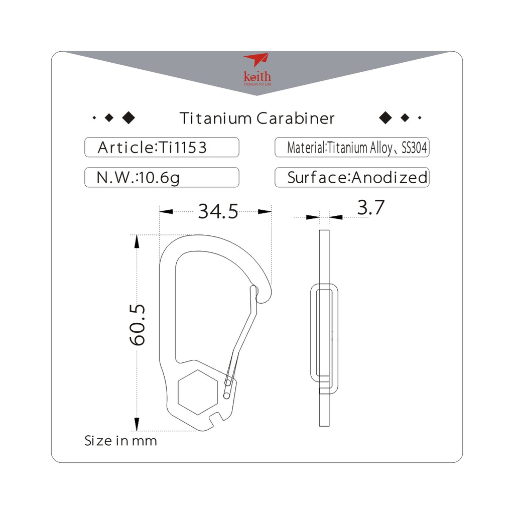 KEITH TITANIUM Carabiner with 12 Hex Bolt Tool Ti1153