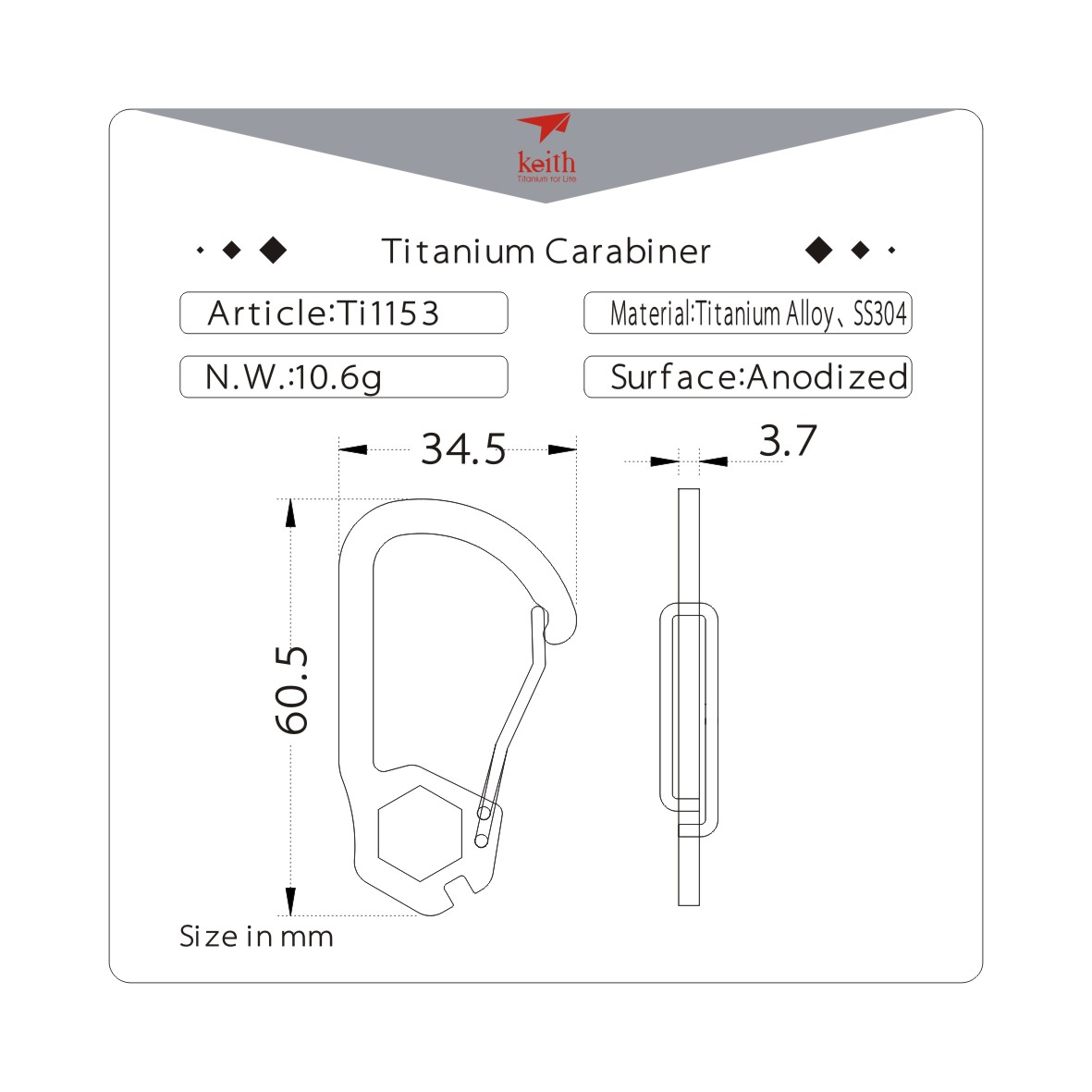 KEITH TITANIUM Carabiner with 12 Hex Bolt Tool Ti1153