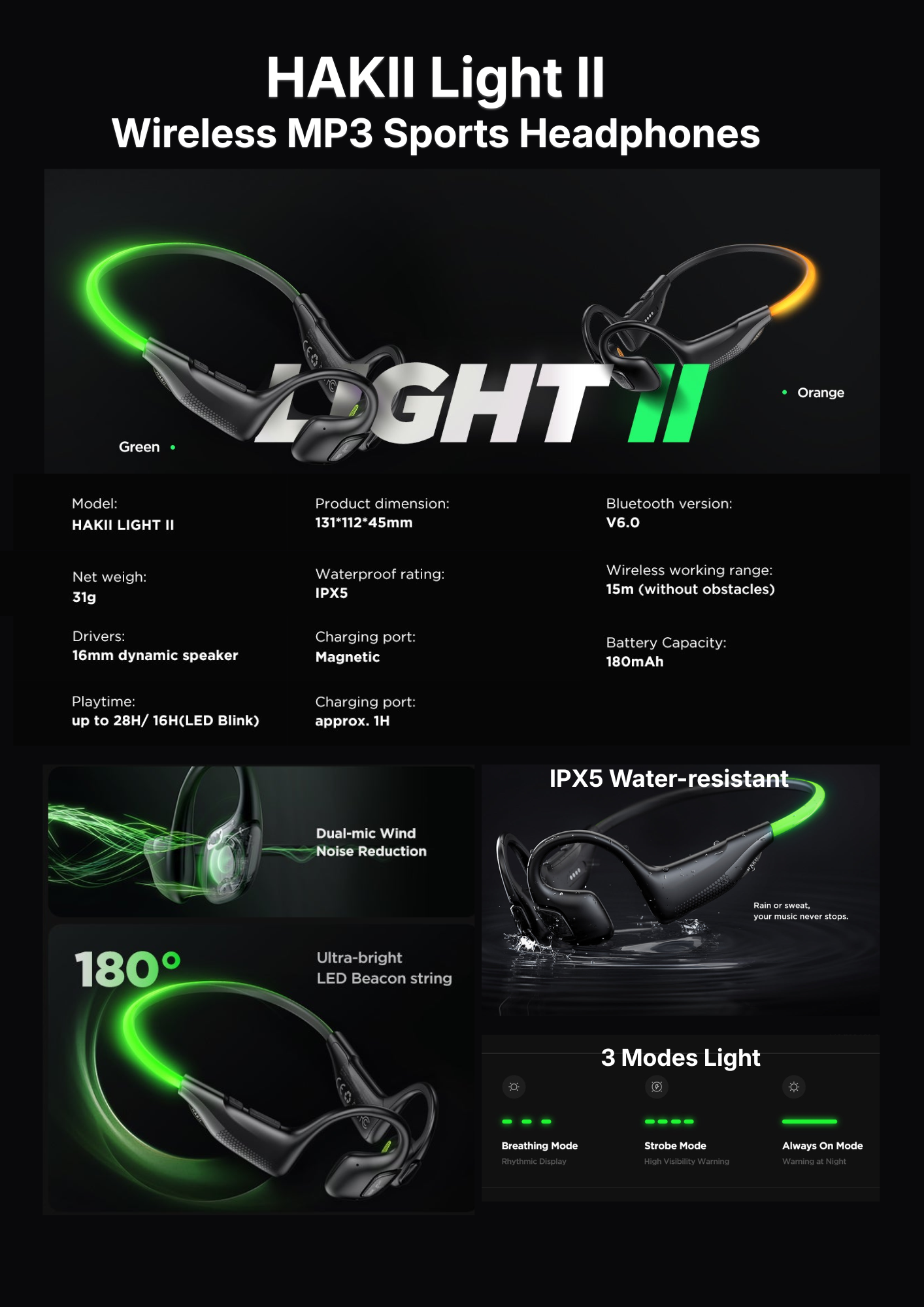 HAKII Light II Wireless MP3 Sports Headphones