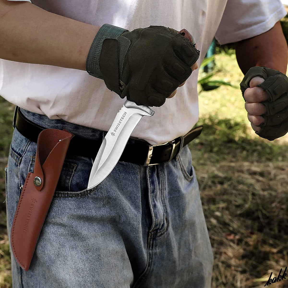 SWISS TECH Fixed Blade Knife with Leather Sheath Full-Tang SK1001