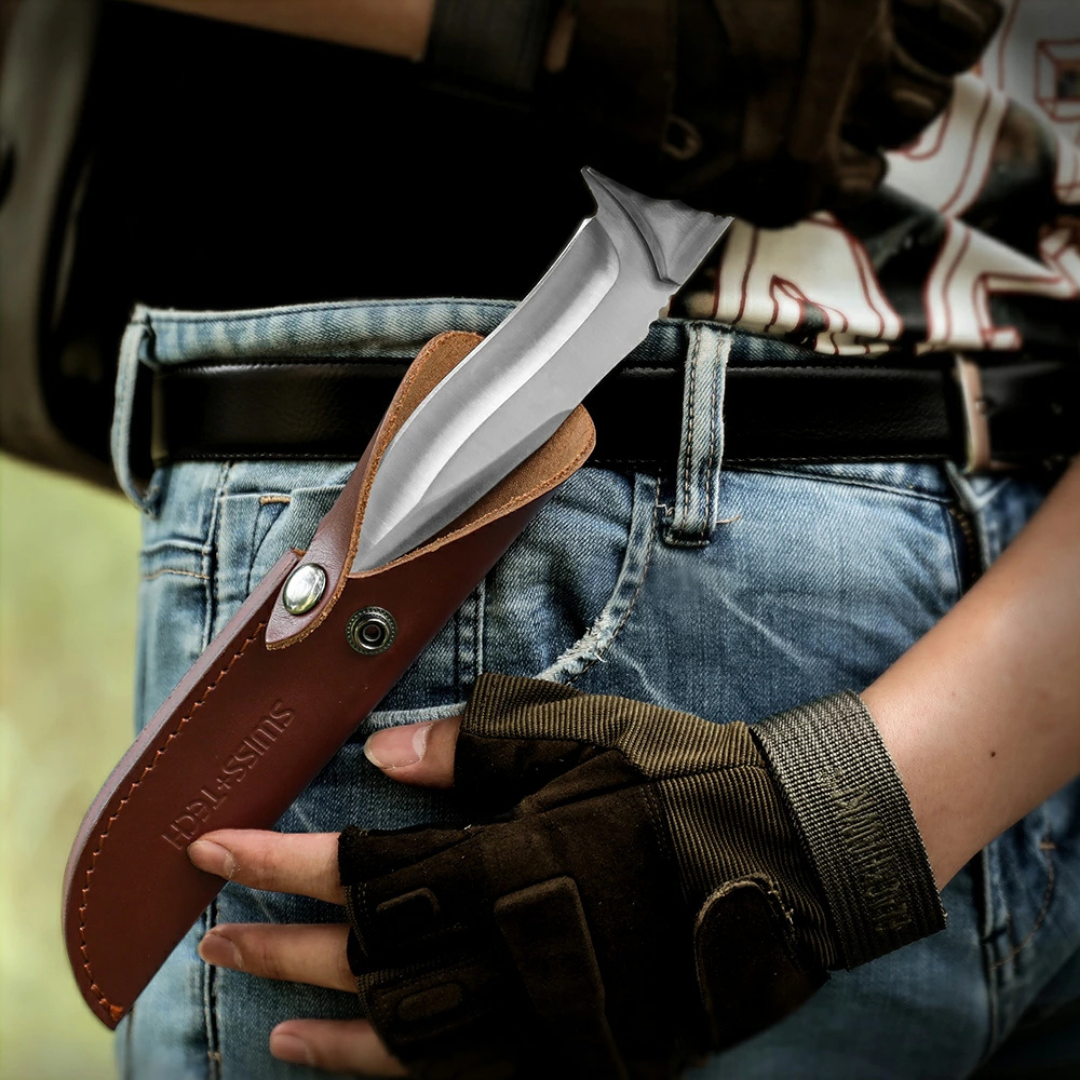 SWISS TECH Fixed Blade Knife with Leather Sheath Full-Tang SK1001