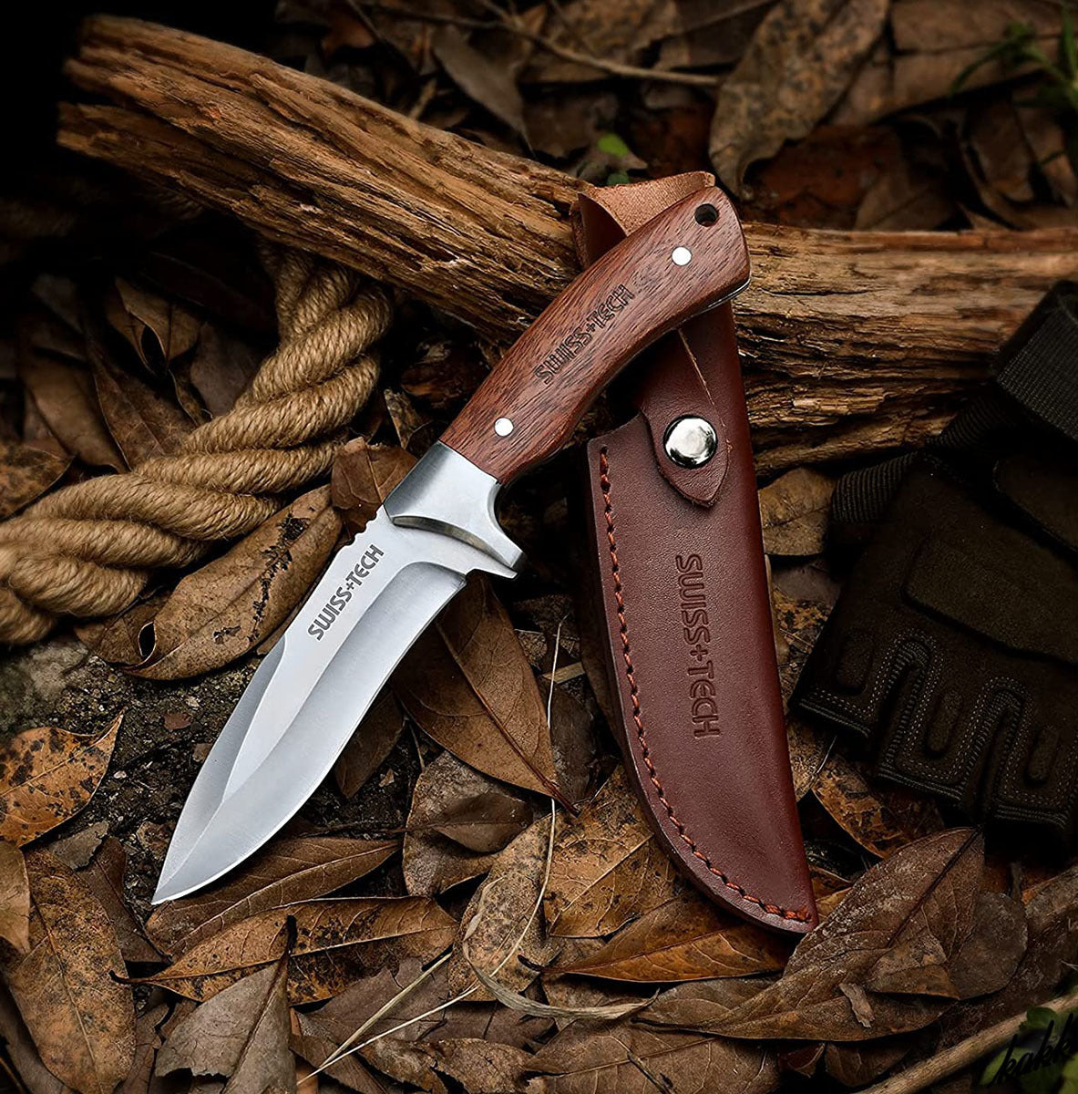 SWISS TECH Fixed Blade Knife with Leather Sheath Full-Tang SK1001