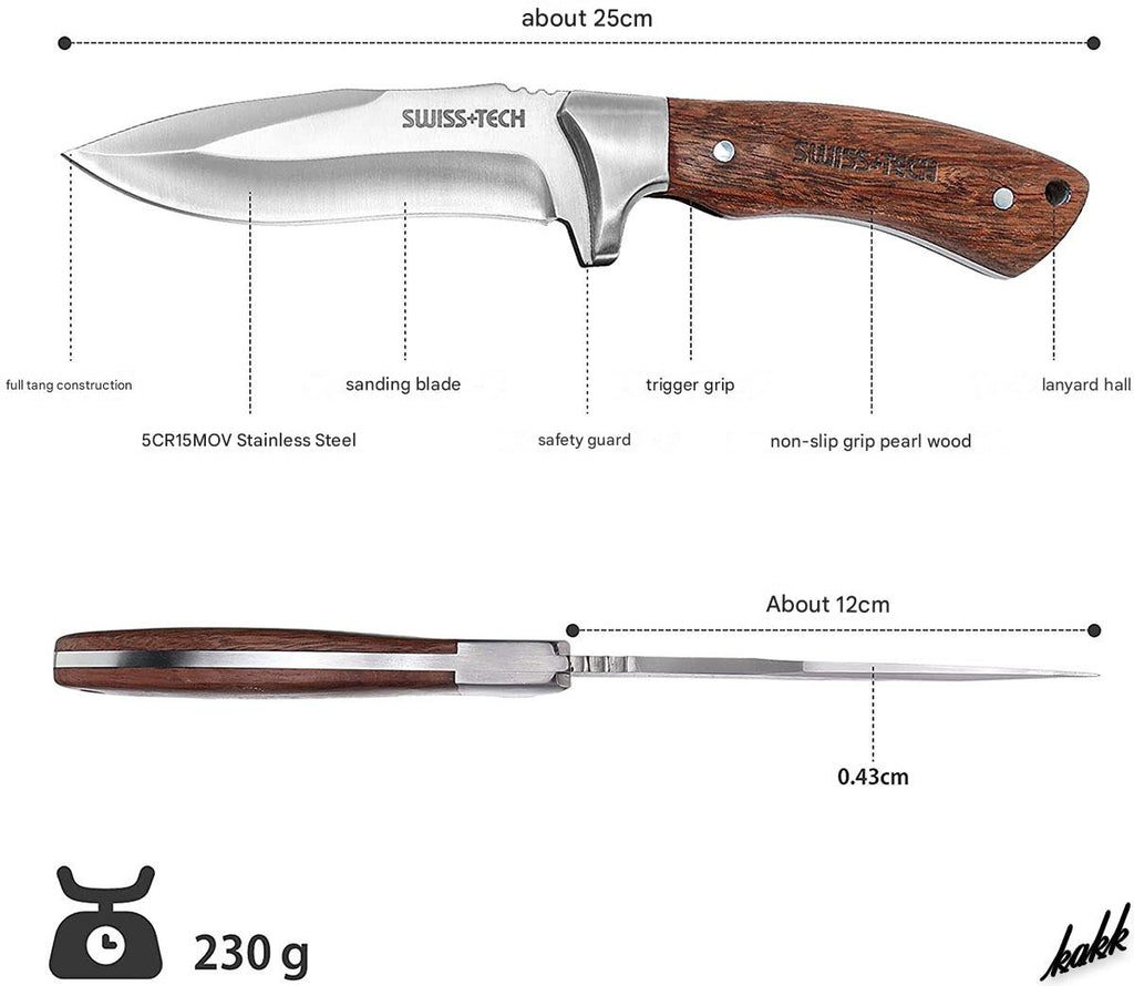 SWISS TECH Fixed Blade Knife with Leather Sheath Full-Tang SK1001