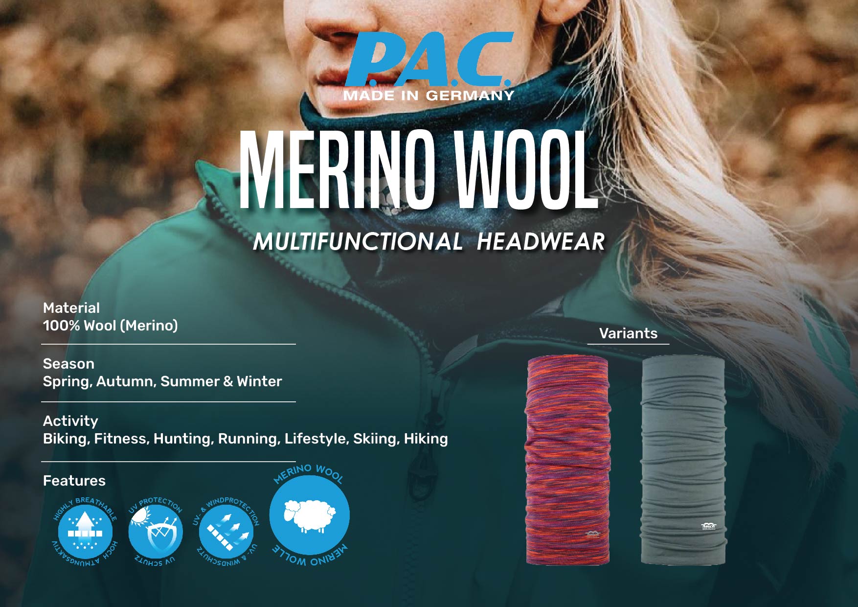 PAC Merino Wool Multifunctional Headwear Bandana Scarf