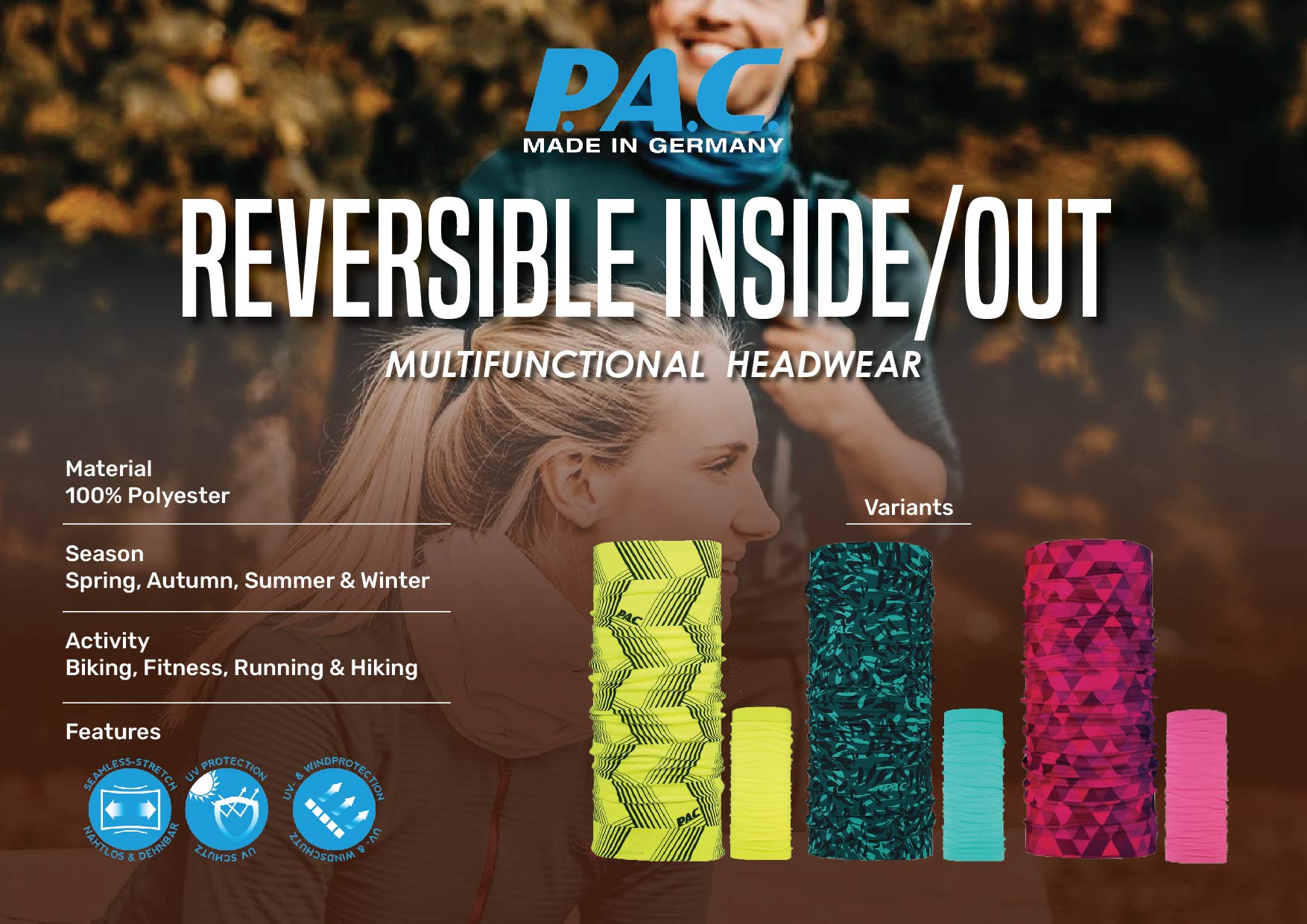 PAC Inside/Out Reversible Multifunctional Headwear Bandana Scarf
