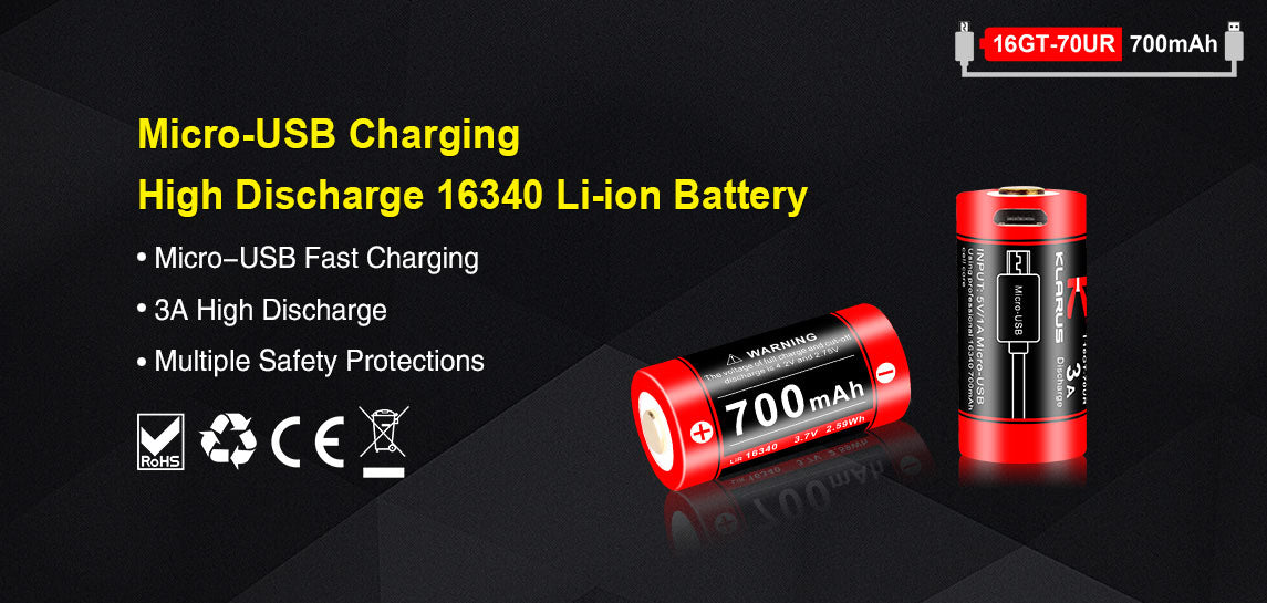 KLARUS 16GT-70UR USB Rechargeable Battery 16340 700mAh