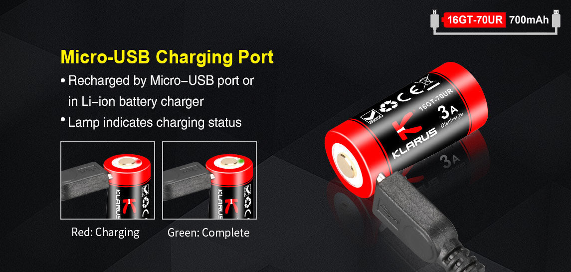 KLARUS 16GT-70UR USB Rechargeable Battery 16340 700mAh
