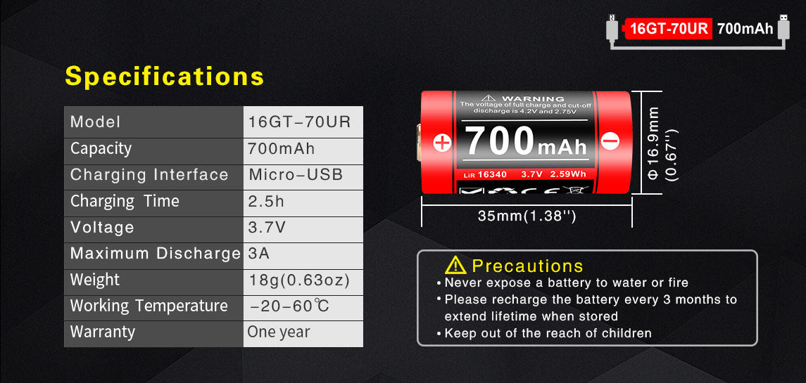KLARUS 16GT-70UR USB Rechargeable Battery 16340 700mAh