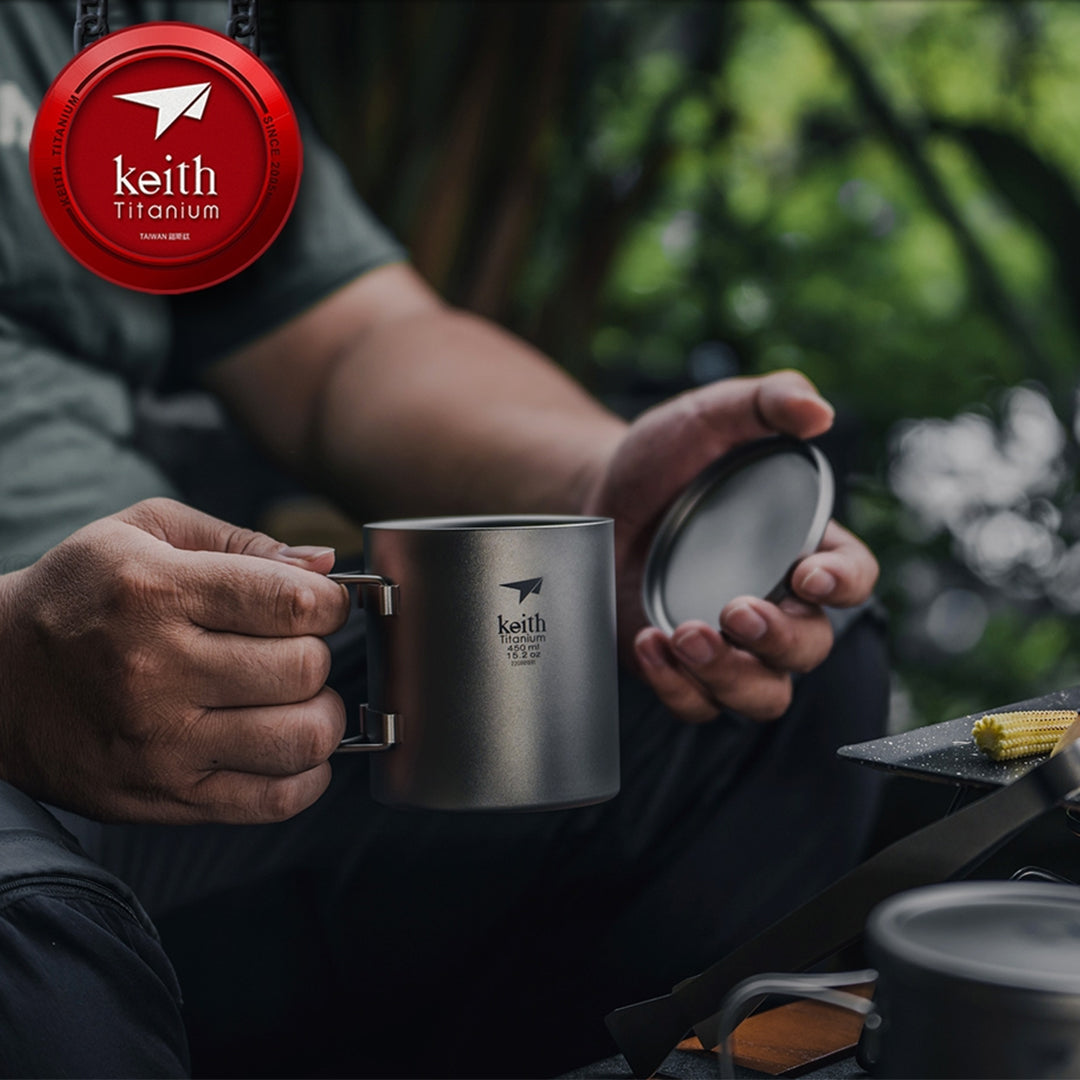 KEITH TITANIUM Double-Wall Mug with Folding Handle & Lid 450ml Ti3353