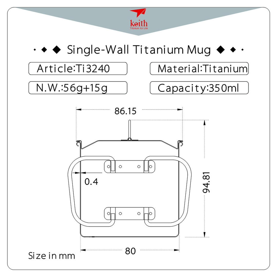KEITH TITANIUM Single-Wall Mug with Folding Handle & Lid 350ml Ti3240