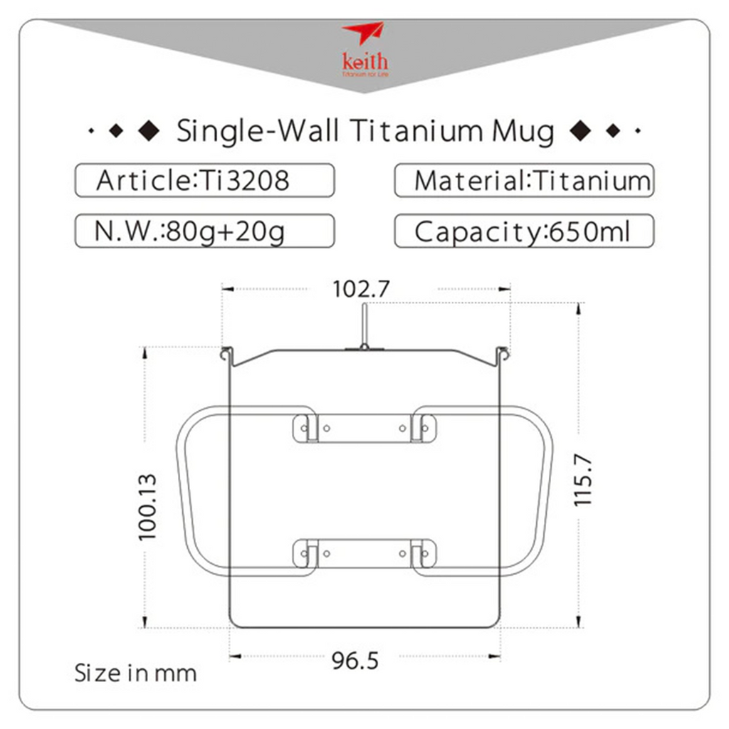 KEITH TITANIUM Single-Wall Mug with Folding Handle & Lid 650ml Ti3208