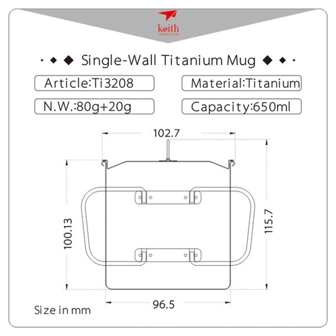 KEITH TITANIUM Single-Wall Mug with Folding Handle & Lid 650ml Ti3208