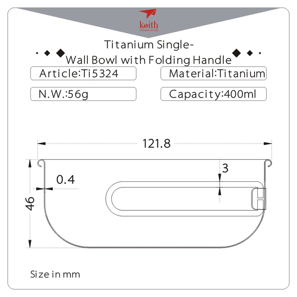 KEITH TITANIUM Single-Wall Bowl with Folding Handle 400ml Ti5324