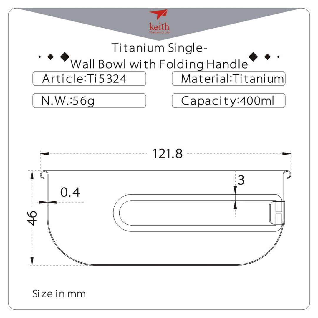 KEITH TITANIUM Single-Wall Bowl with Folding Handle 400ml Ti5324