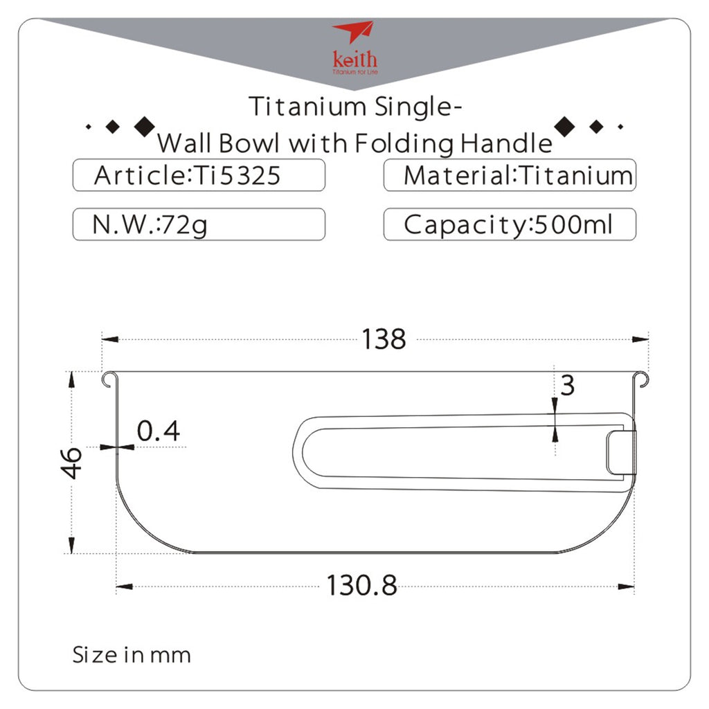 KEITH TITANIUM Single-Wall Bowl with Folding Handle 500ml Ti5325