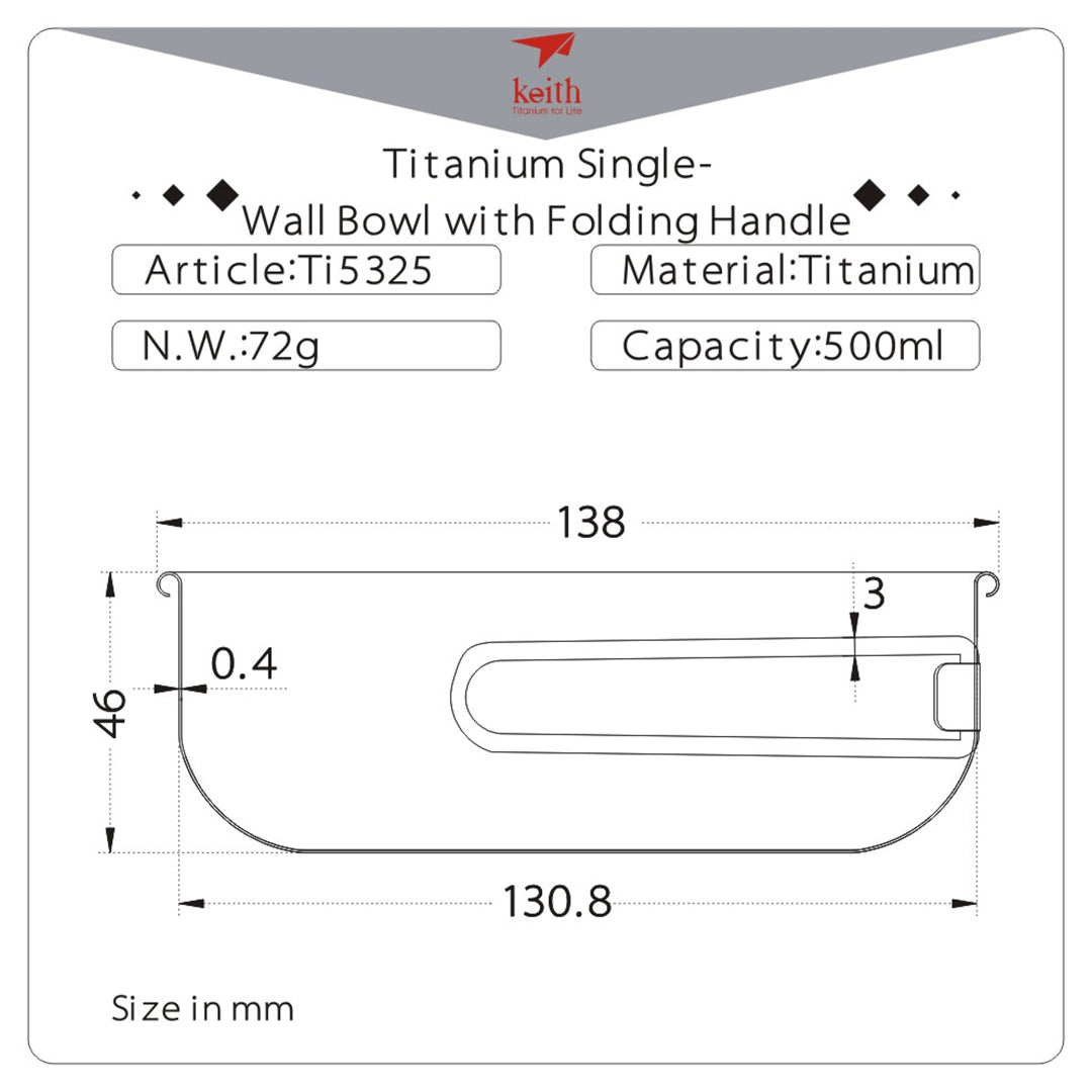 KEITH TITANIUM Single-Wall Bowl with Folding Handle 500ml Ti5325