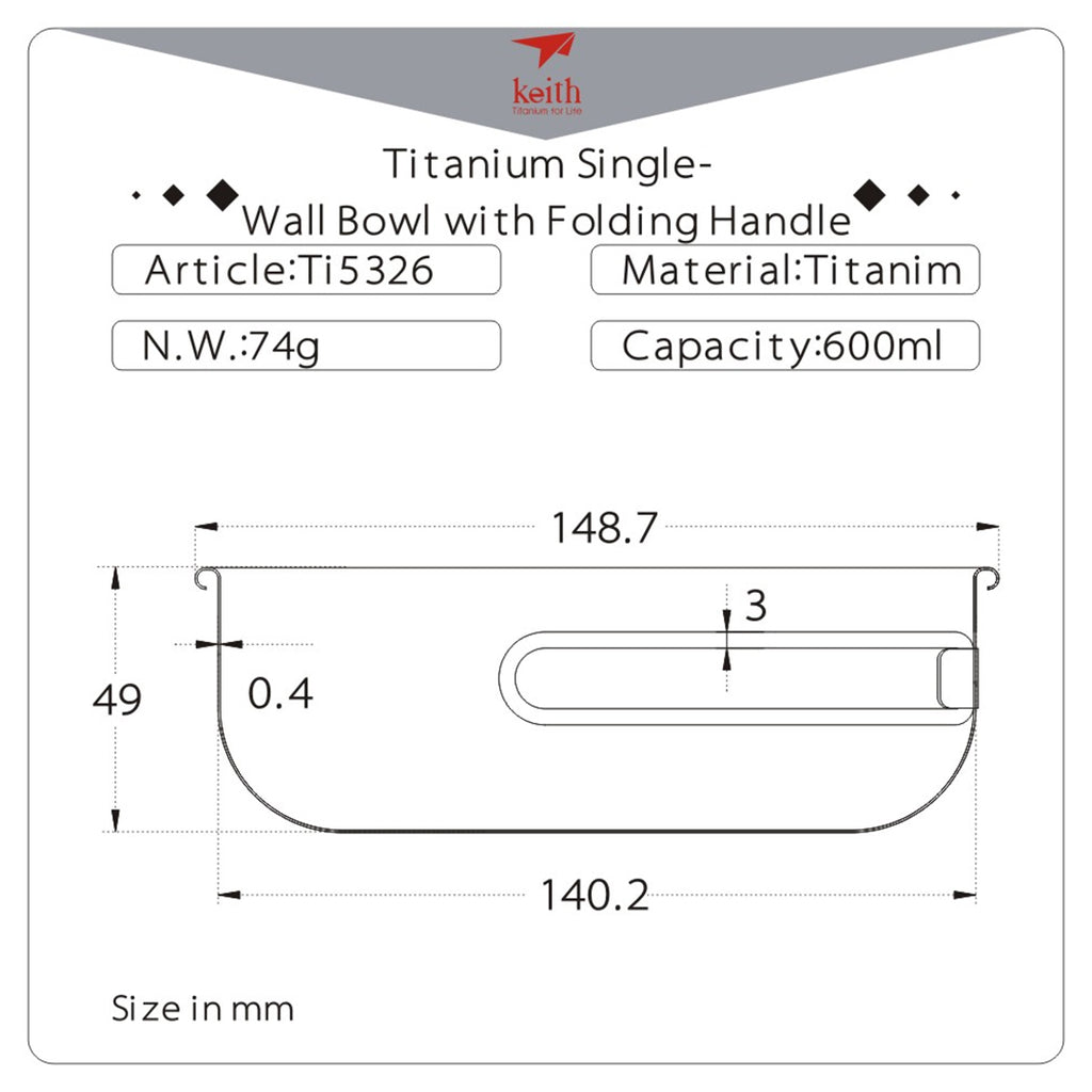 KEITH TITANIUM Single-Wall Bowl with Folding Handle 600ml Ti5326
