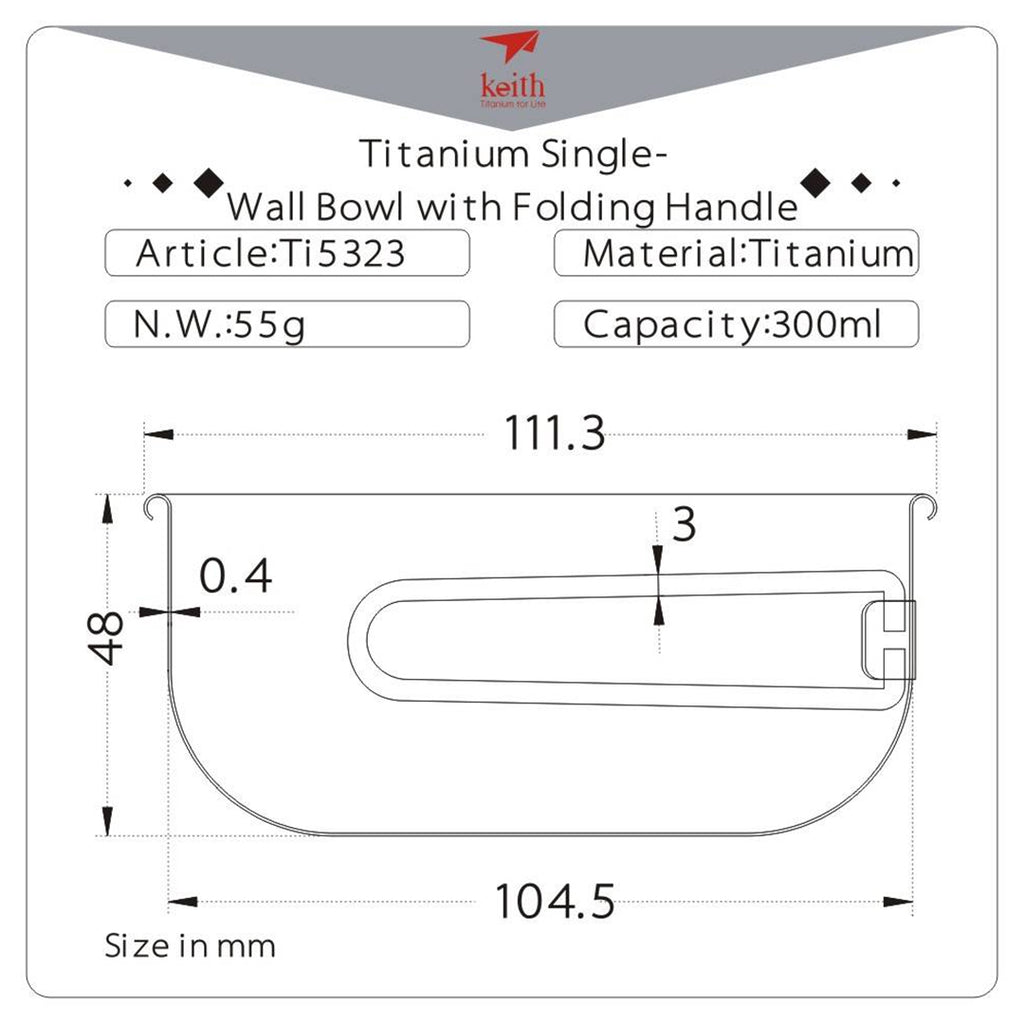 KEITH TITANIUM Single-Wall Bowl with Folding Handle 300ml Ti5323