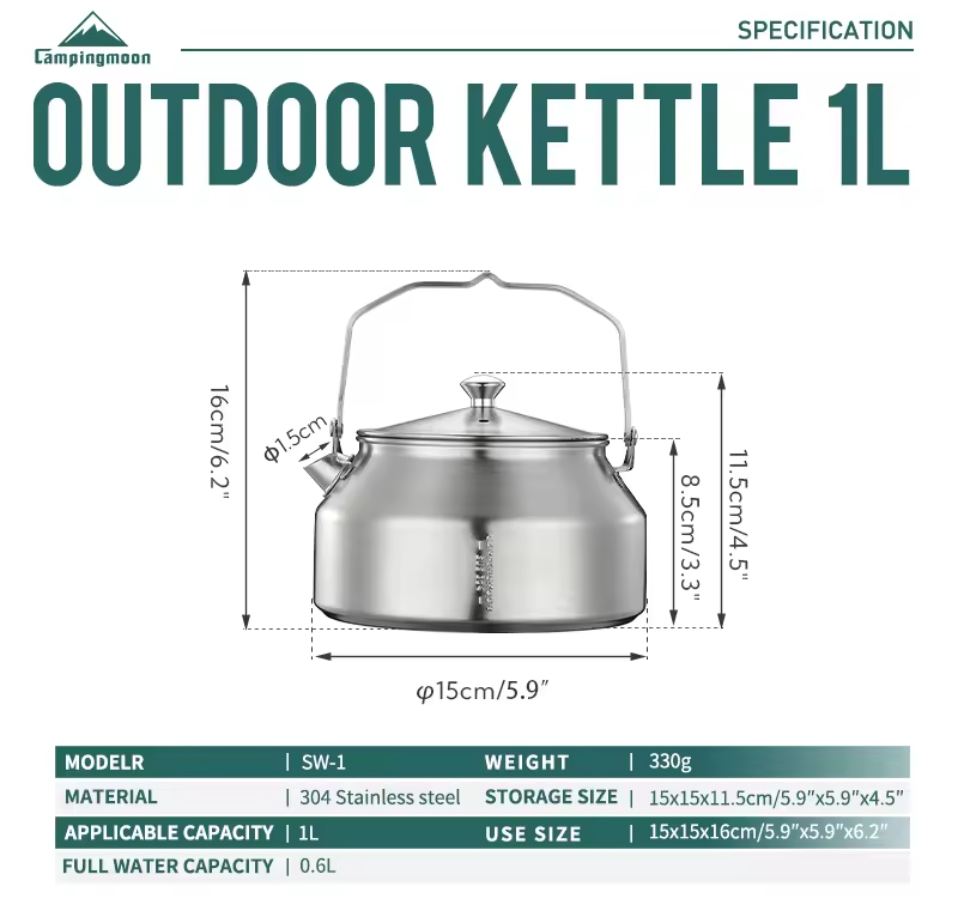 CAMPINGMOON SW-1 Stainless Steel Outdoor Kettle 1L
