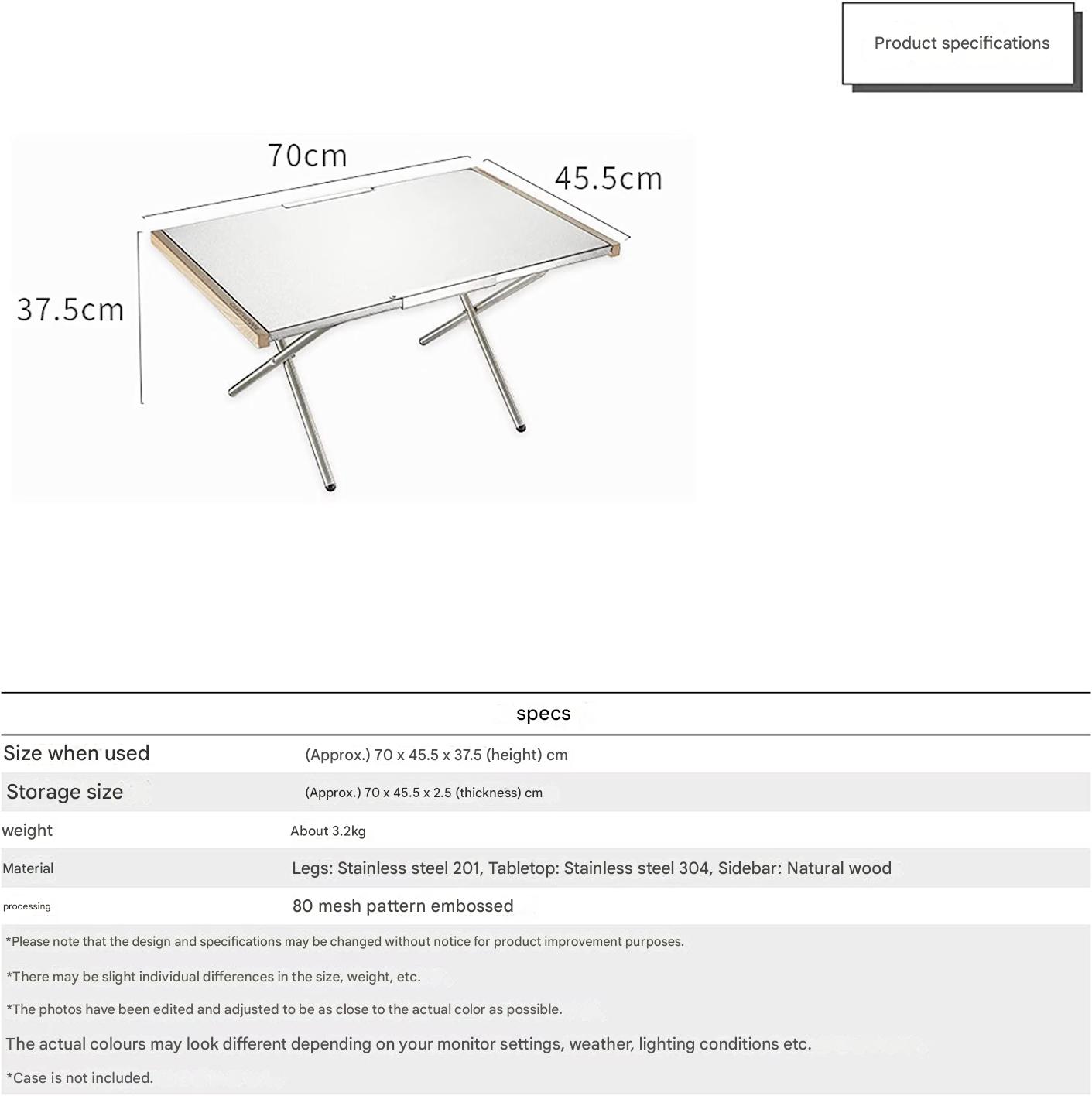 CAMPINGMOON T-380-1T Large Stainless Steel Table Embossed Finished