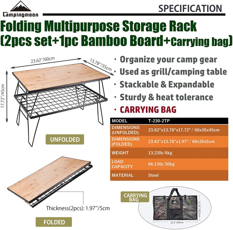 CAMPINGMOON T-230-2TP Steel Field Rack Table Set With Bamboo Plate