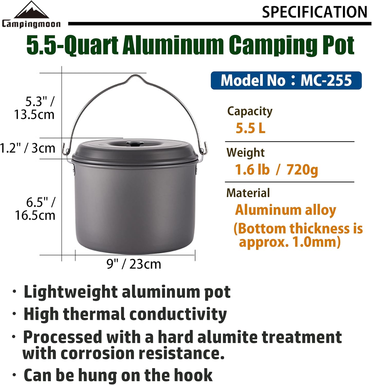 CAMPINGMOON MC-255 Pot 5.5L Portable Campfire Cooking Hanging Pot