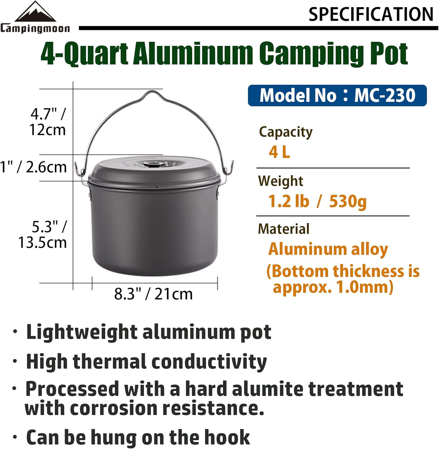 CAMPINGMOON MC-230 Pot 4L Portable  Hanging Pot