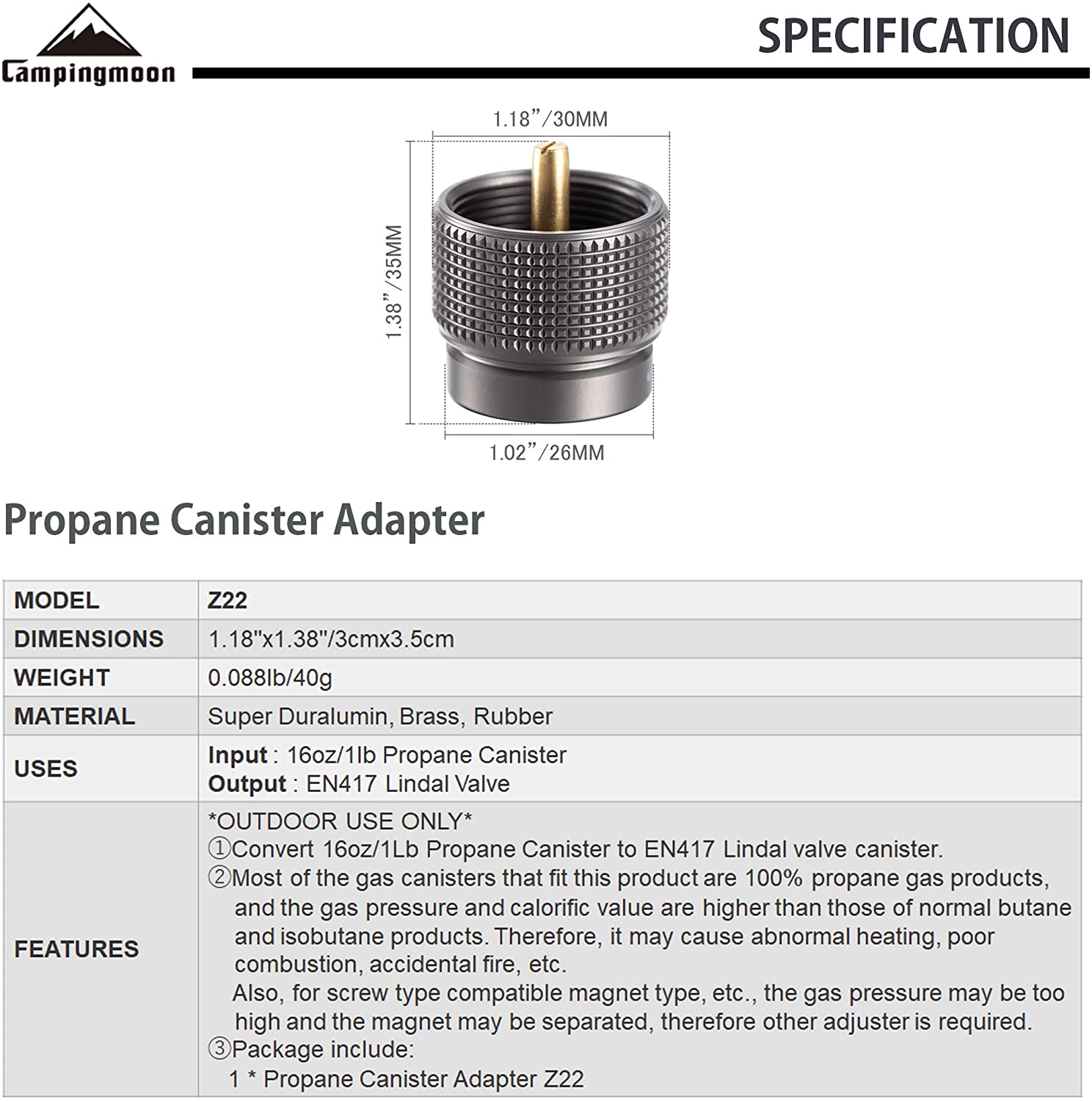 CAMPINGMOON Z22 Propane Canister Adapter