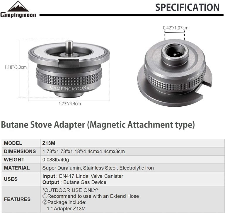 CAMPINGMOON Z13M Gas Stove Adapter EN417 Lindal Valve Canister