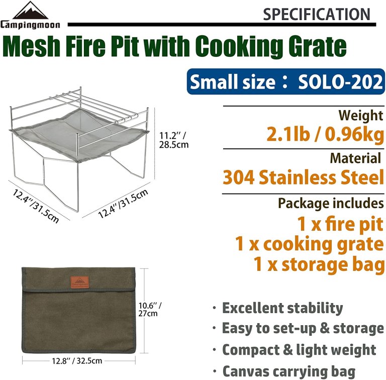 CAMPINGMOON SOLO 202 Small Mesh Fire Pit with Cooking Grate Bonfire