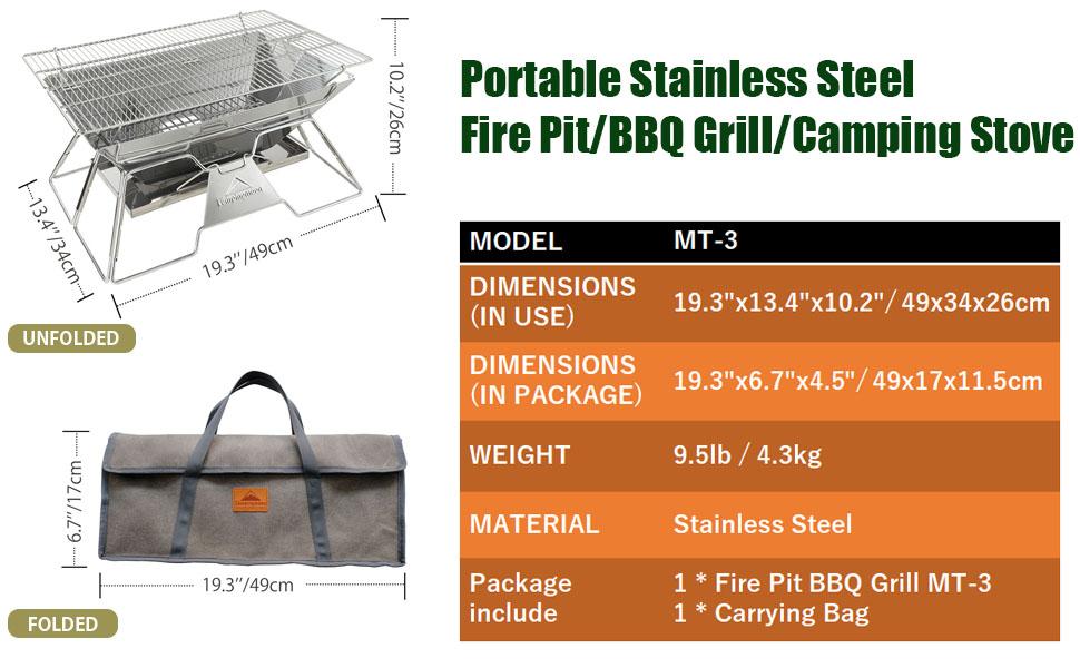 CAMPINGMOON MT-3 Portable Grill Barbecue Pit Stove BBQ Stove