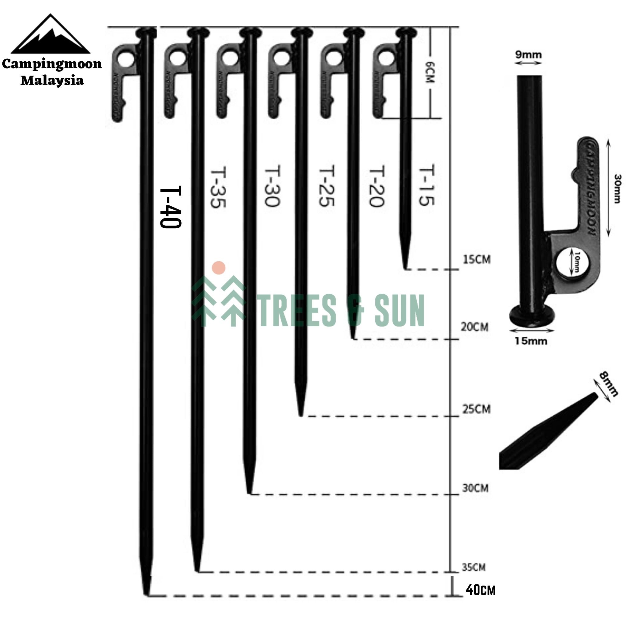 CAMPINGMOON  T20 / T26 / T30 / T35 / T40 Carbon Steel Peg Tent Hard Ground