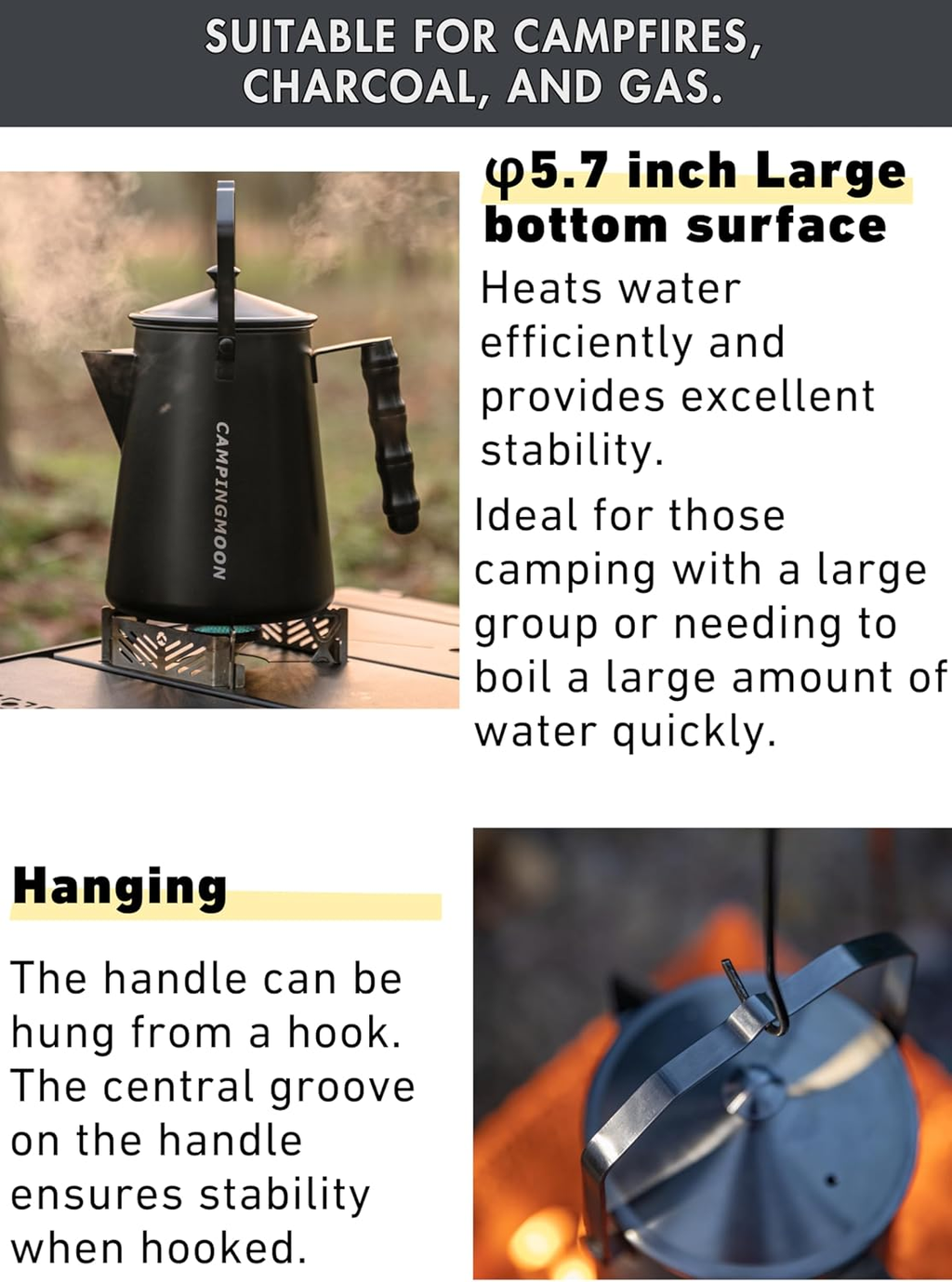 CAMPINGMOON BKSW-6 Black Bonfire Hanging Kettle