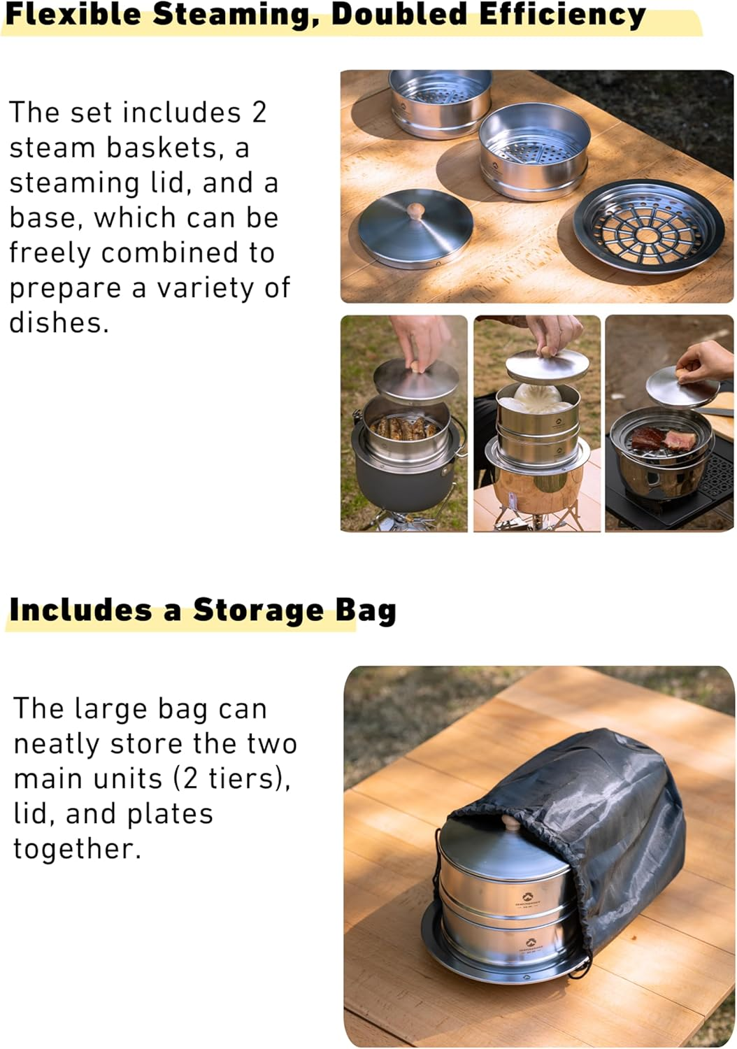 CAMPINGMOON CC-18 Saucepan & S363-2S Double Layer Steamer Set