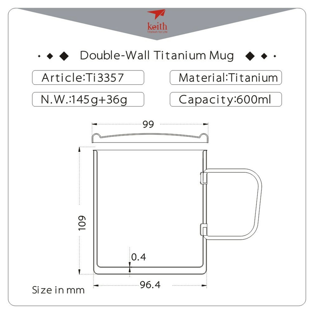 KEITH TITANIUM Double Wall Mug with Folding Handle & Lid 600ml Ti3357