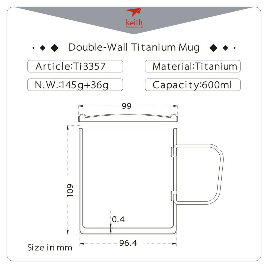KEITH TITANIUM Double Wall Mug with Folding Handle & Lid 600ml Ti3357