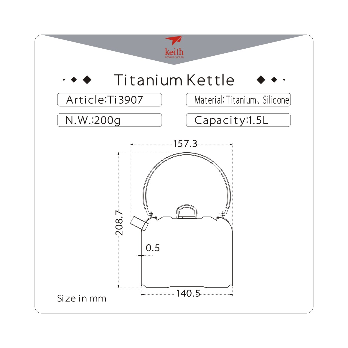 KEITH TITANIUM Kettle with Foldable Handle 1.5L Ti3907