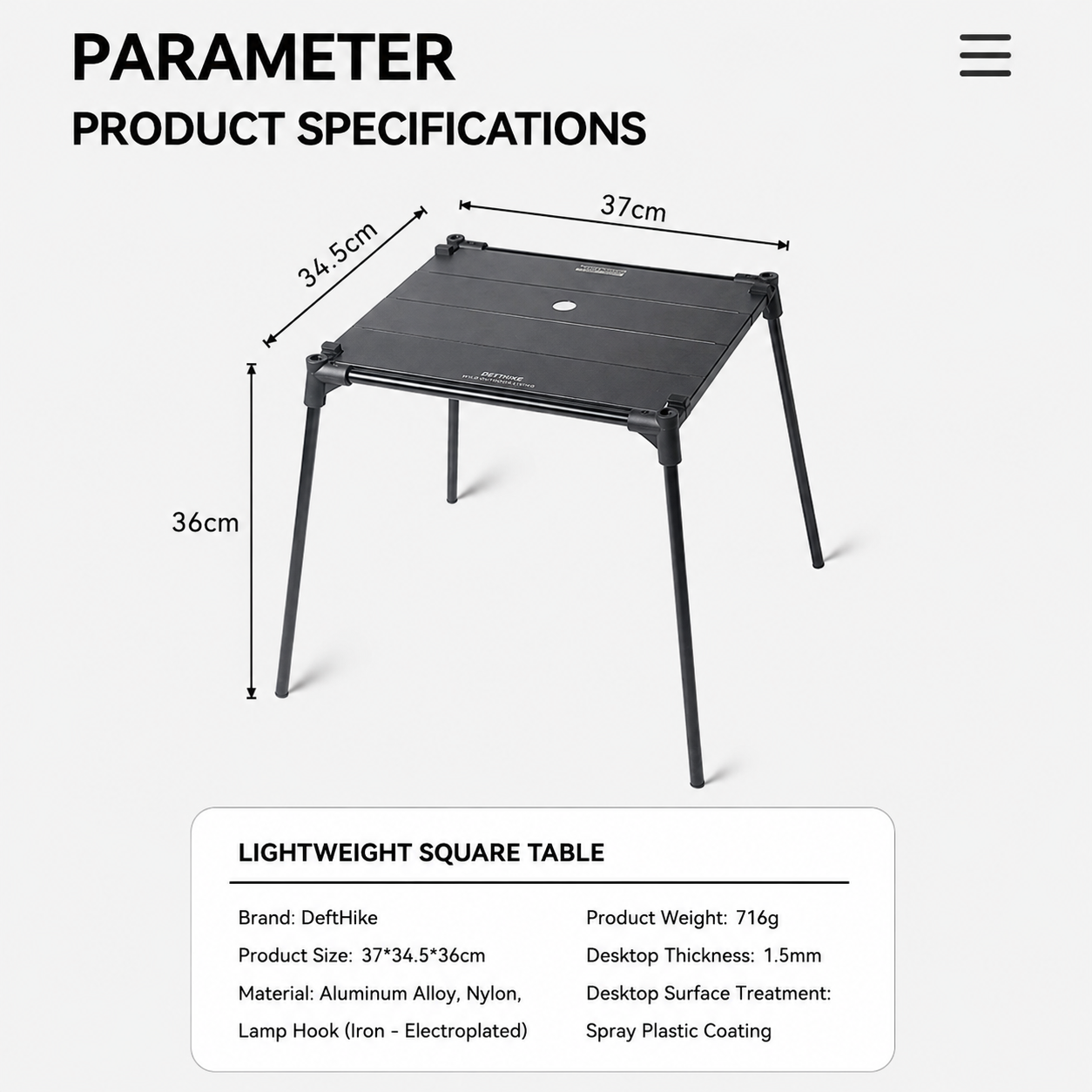 DEFTHIKE Square Camping Table with Light Pole Set