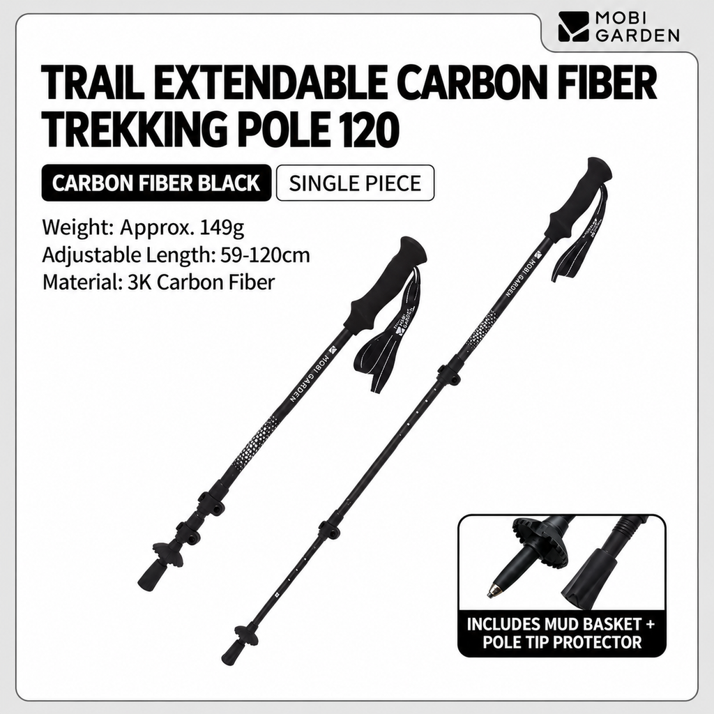 MOBI GARDEN ZT Pole 120 – Ultralight Carbon Fibre Telescopic Trekking Pole (59-120cm)