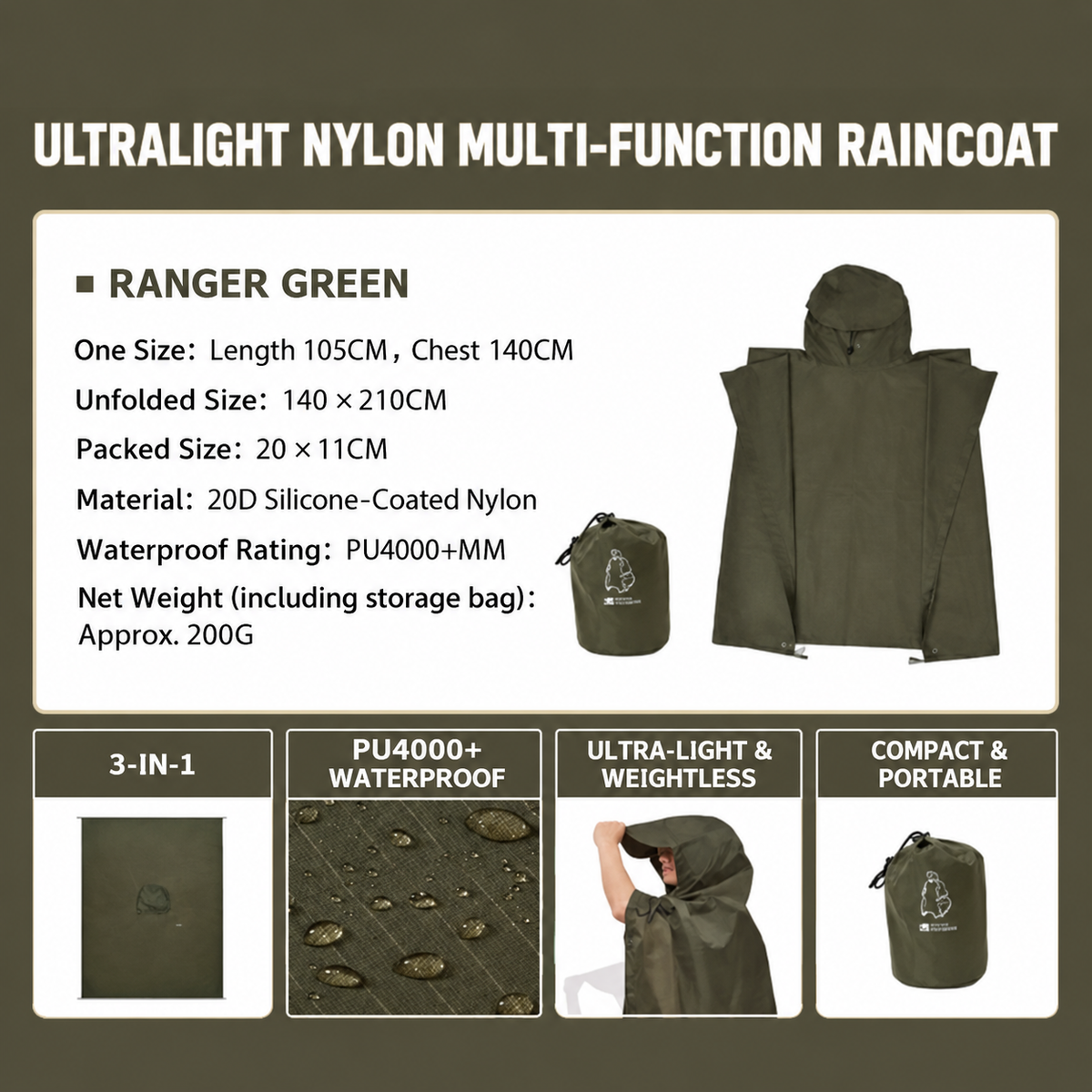MOBI GARDEN Ultralight 3-in-1 Raincoat Poncho