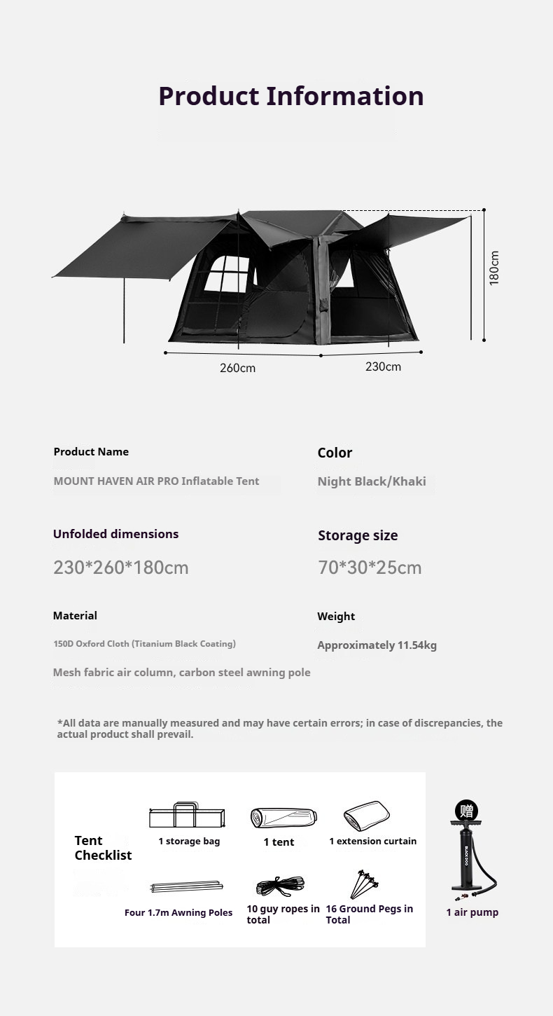 BLACKDOG Mount Haven AIR PRO Inflatable Cabin Tent - 230CM X 260CM (4-5 Person)